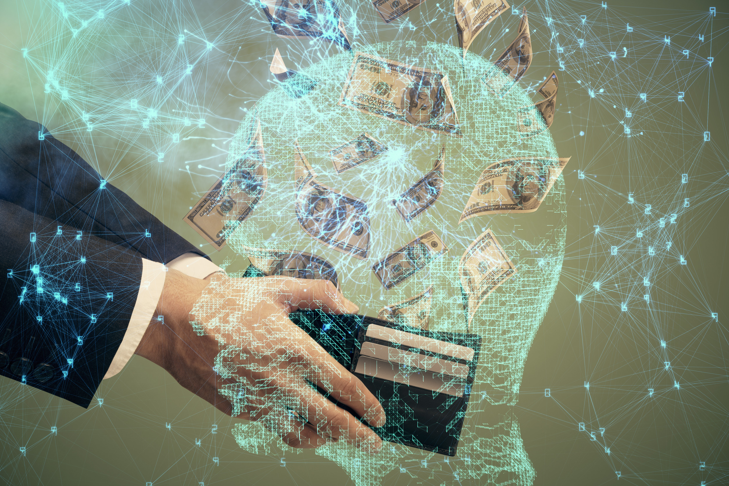 multi exposure of brain drawing hologram and us dollars bills and man hands. ai invest concept